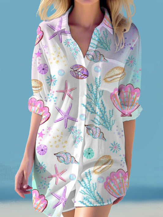 Marine Print Long Sleeve Beach Shirt Dress