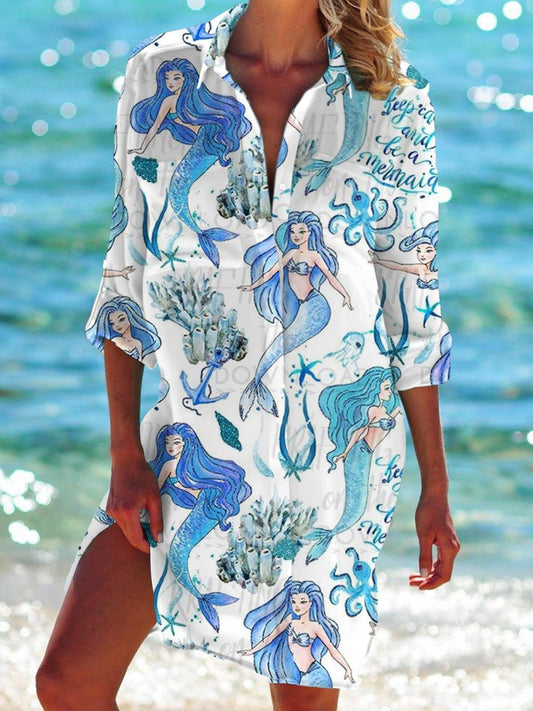 Mermaid Marine Life Print Side Pockets Long Sleeves Dress