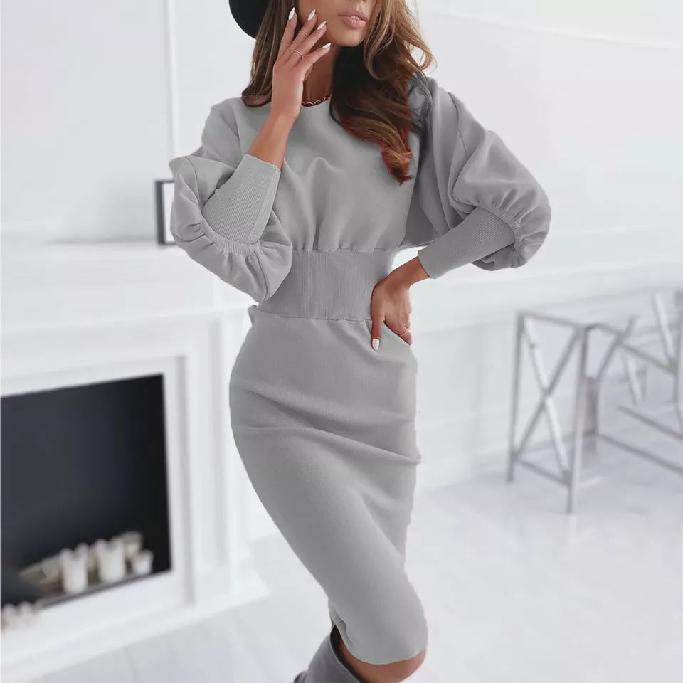 Ivyshape | Puff-Sleeve Bodycon Dress for All Seasons for Women