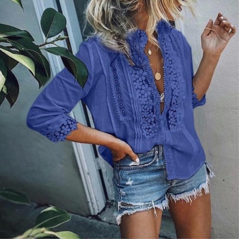 Solid Color Cotton Lace Patchwork Blouses Tops