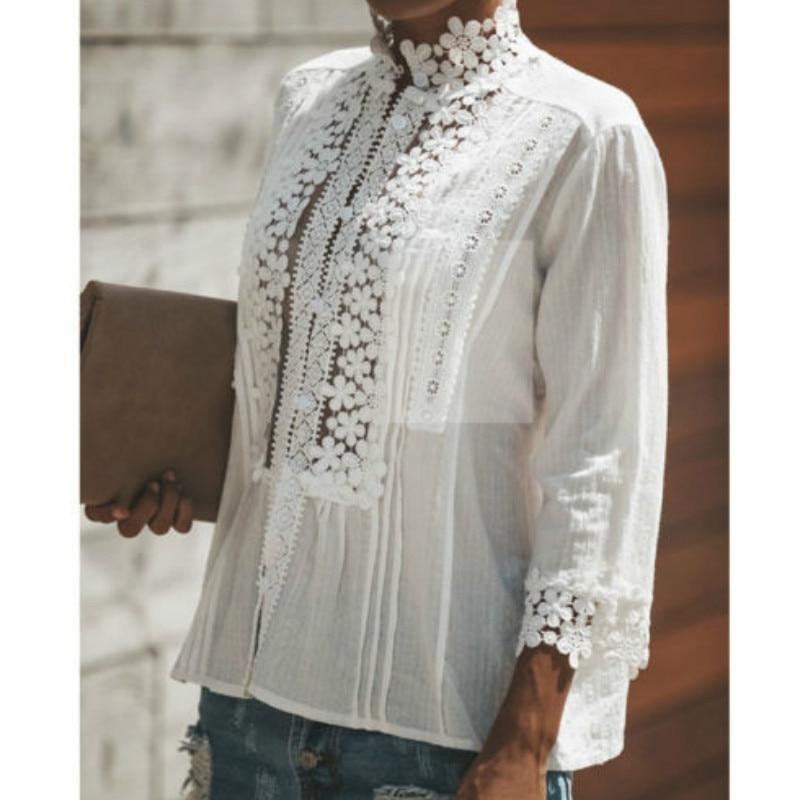 Solid Color Cotton Lace Patchwork Blouses Tops