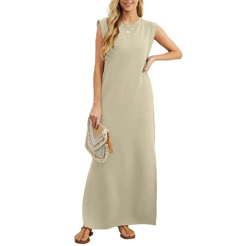 Ivyshape | Women's Long Plain Elegant Dress Round Neck