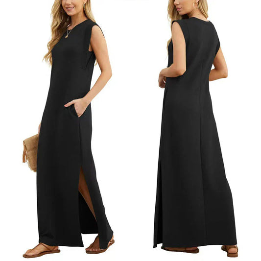 Ivyshape | Women's Long Plain Elegant Dress Round Neck