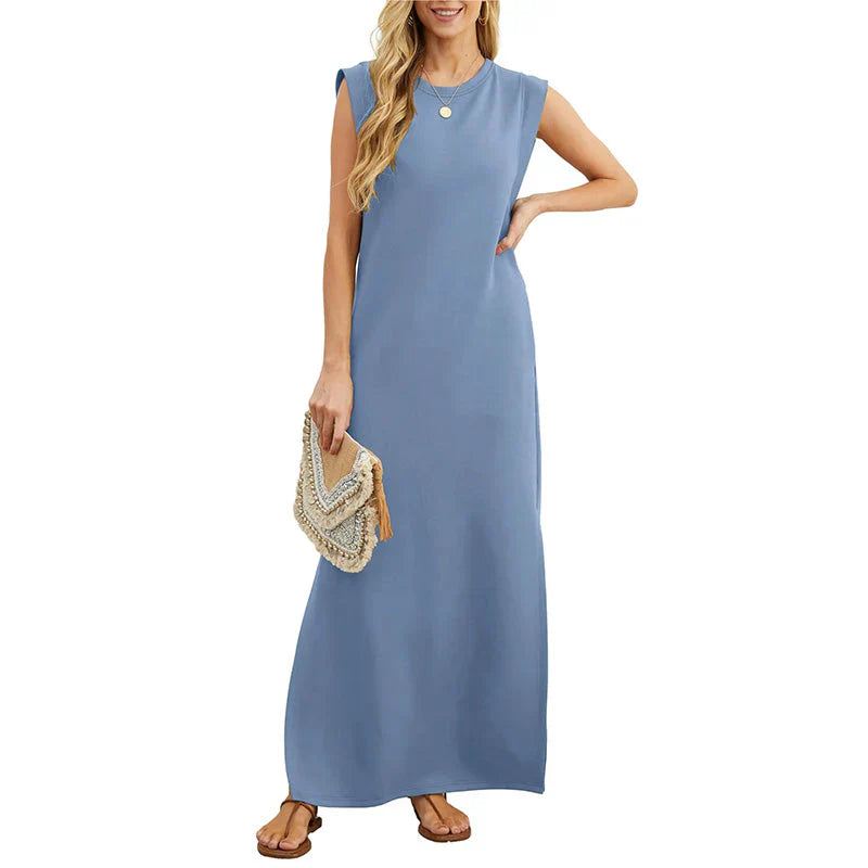 Ivyshape | Women's Long Plain Elegant Dress Round Neck