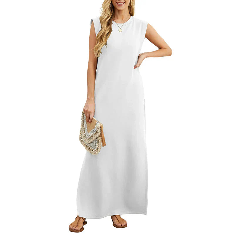 Ivyshape | Women's Long Plain Elegant Dress Round Neck