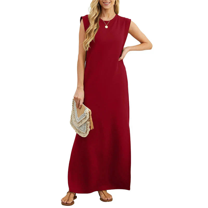 Ivyshape | Women's Long Plain Elegant Dress Round Neck