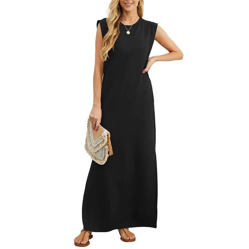 Ivyshape | Women's Long Plain Elegant Dress Round Neck