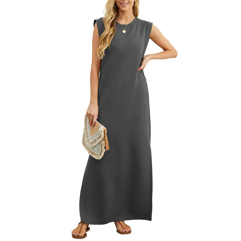 Ivyshape | Women's Long Plain Elegant Dress Round Neck