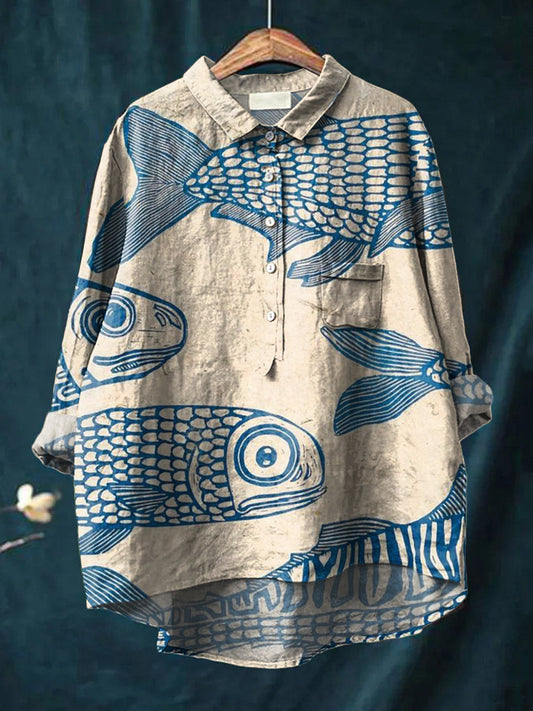 Women's Vintage Fish Art Print Casual Cotton Linen Round Neck Button Pocket Mid-Length Sleeve Shirt Top