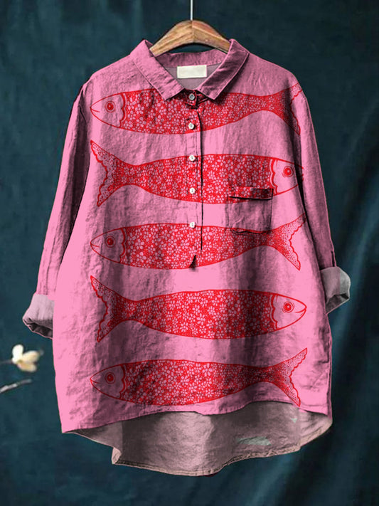 Women's Vintage Fish Art Print Casual Cotton Linen Round Neck Button Pocket Midi Sleeve Shirt Top