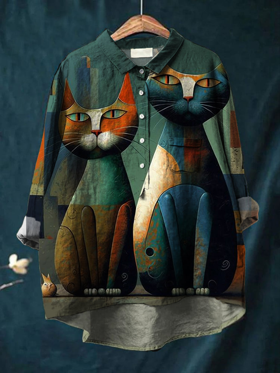 Women's Vintage Cartoon Cat Art Print Casual Cotton And Linen Round Neck Button Pockets Long Sleeve Shirt Top