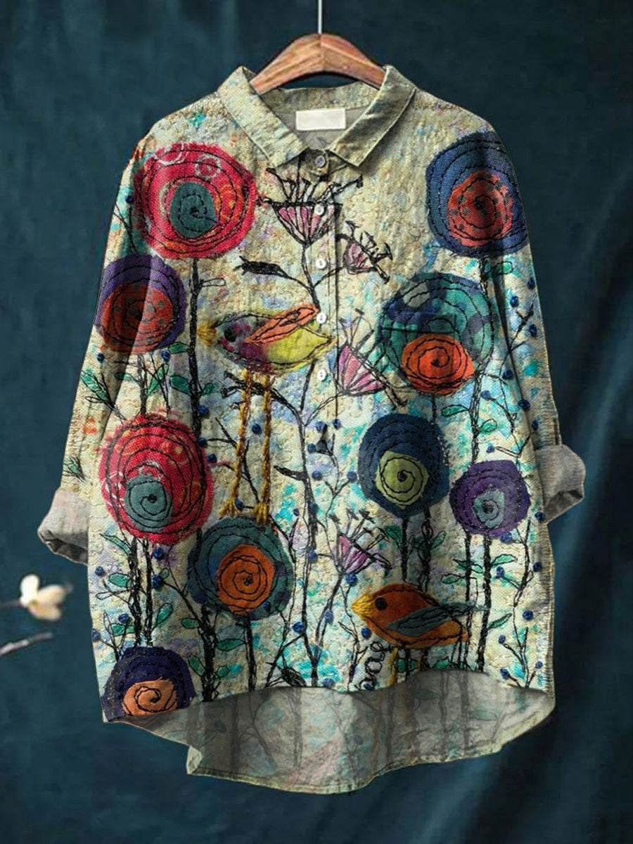 Women's Retro Abstract Floral  Art Print Casual Cotton Linen Round Neck Button Pocket Midi Sleeve Shirt Top