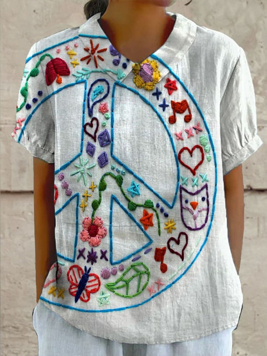 Retro Boho Floral Art Printed Vintage Art Short Sleeve Shirt Collar Top