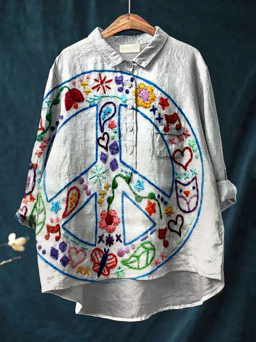 Women's Vintage Hippie Art Print Casual Cotton Linen Round Neck Button Pocket Mid Sleeve Shirt Top