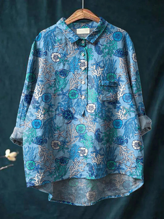 Women's Vintage Fish Art Print Casual Cotton Linen Round Neck Button Pocket Mid Sleeve Shirt Top