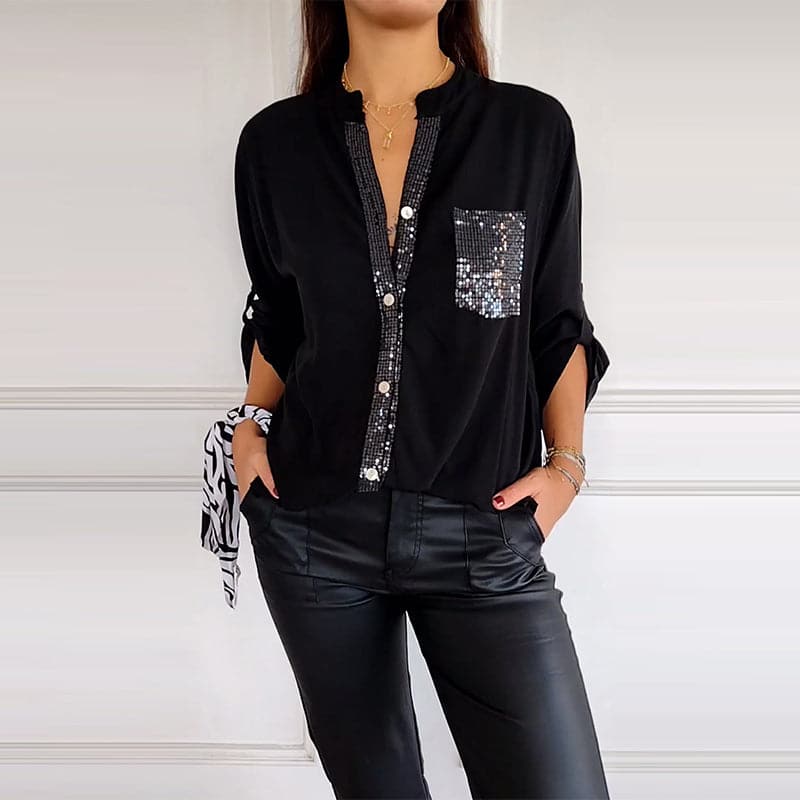 Ivyshape | Women's Glitter Pocket Blouse Button Sleeves