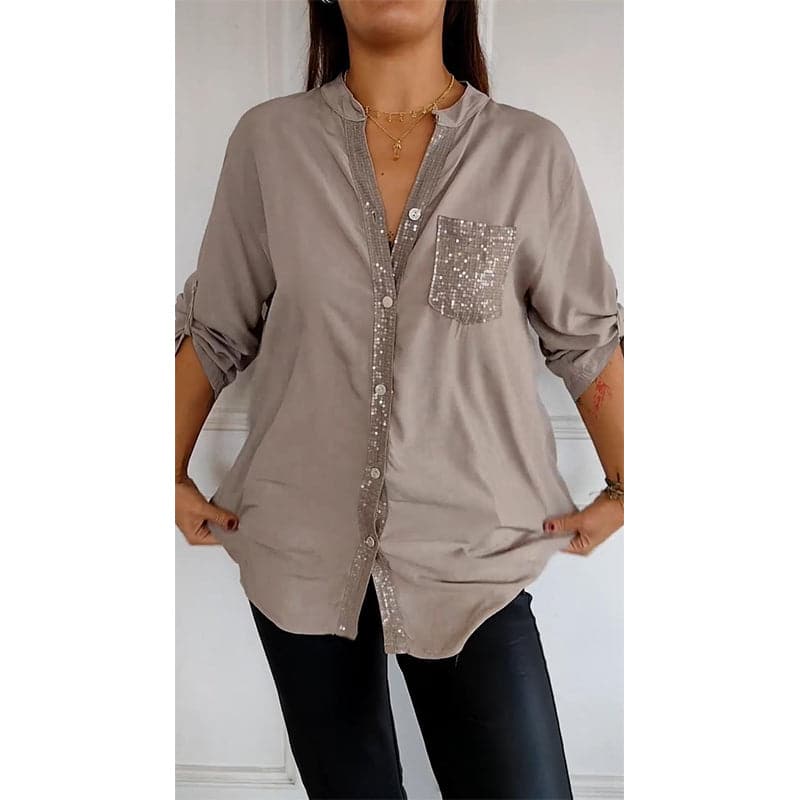 Ivyshape | Women's Glitter Pocket Blouse Button Sleeves