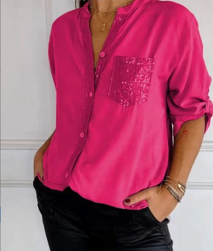 Ivyshape | Women's Glitter Pocket Blouse Button Sleeves