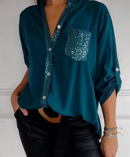 Ivyshape | Women's Glitter Pocket Blouse Button Sleeves