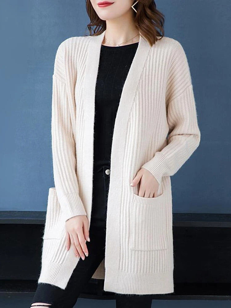 Ivyshape | Wool Lined V-Neck with Fleece Cardigan for Women