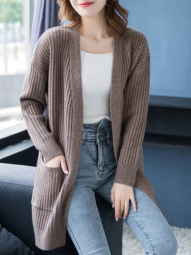 Ivyshape | Wool Lined V-Neck with Fleece Cardigan for Women