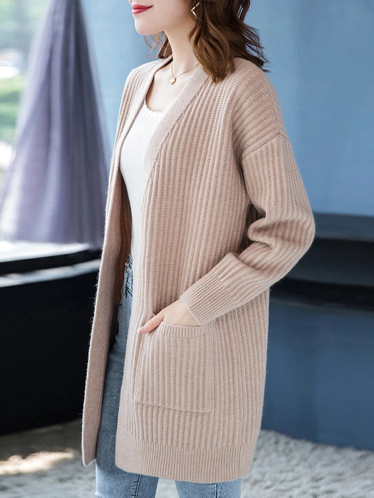 Ivyshape | Wool Lined V-Neck with Fleece Cardigan for Women