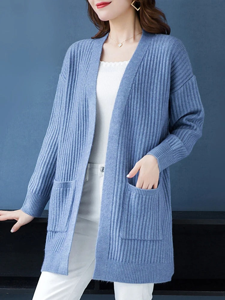 Ivyshape | Wool Lined V-Neck with Fleece Cardigan for Women