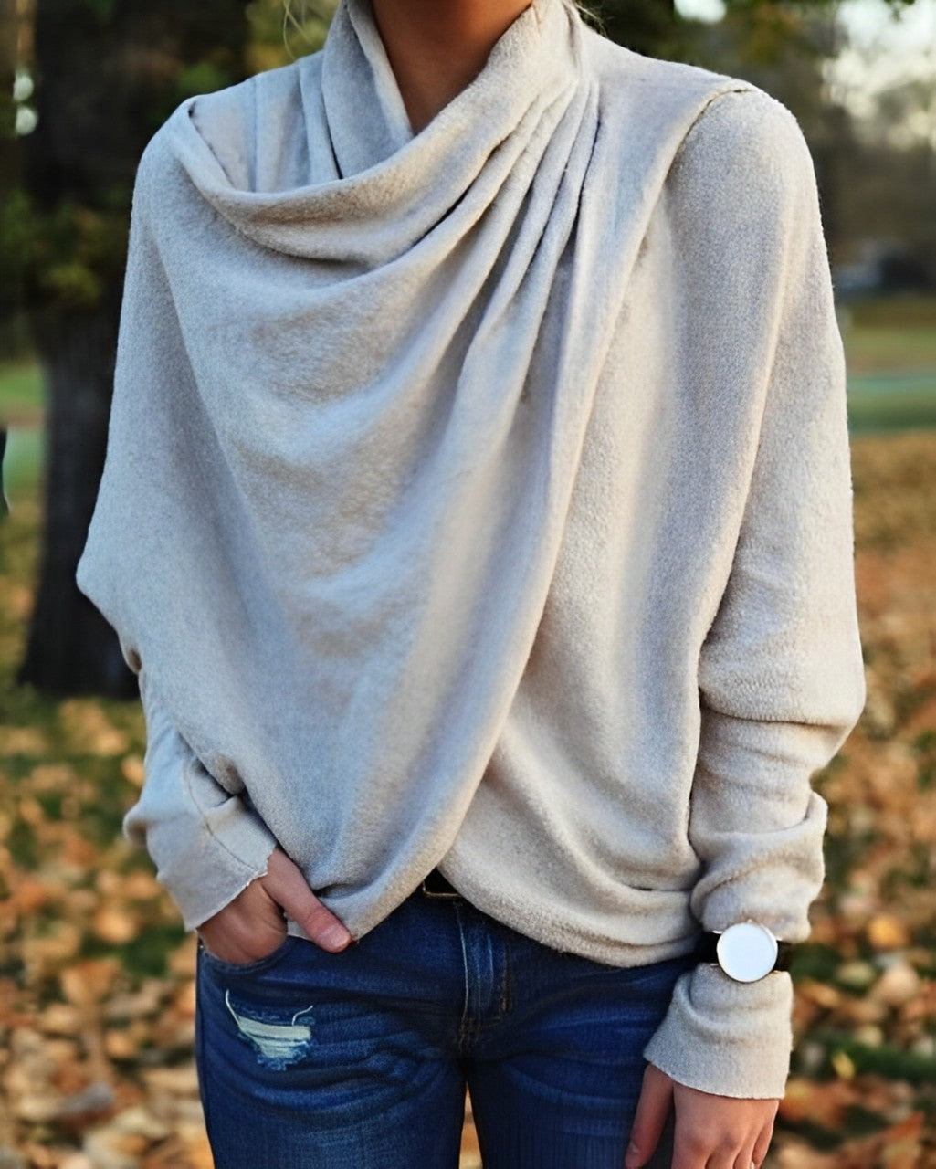 Ivyshape | Long-Sleeved Sweater with Printed Scarf