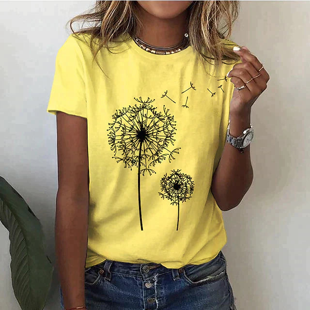 Ivyshape | Women's Dandelion Print T-Shirt Round Neck