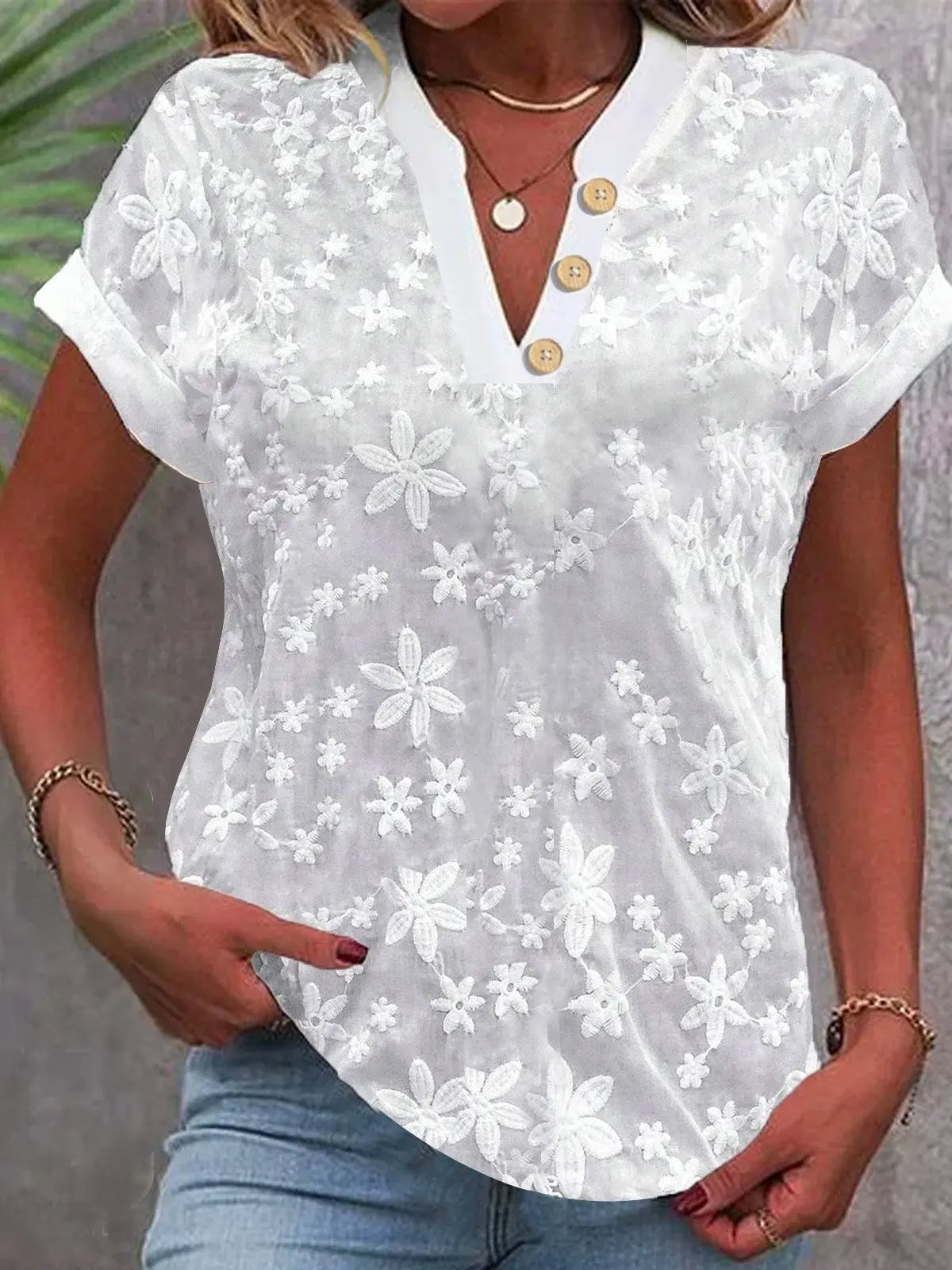 Ivyshape | Flower Blouse with V-Neck