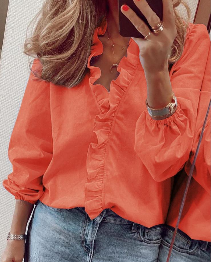 Ivyshape | V-Neck Blouse with Ruffles