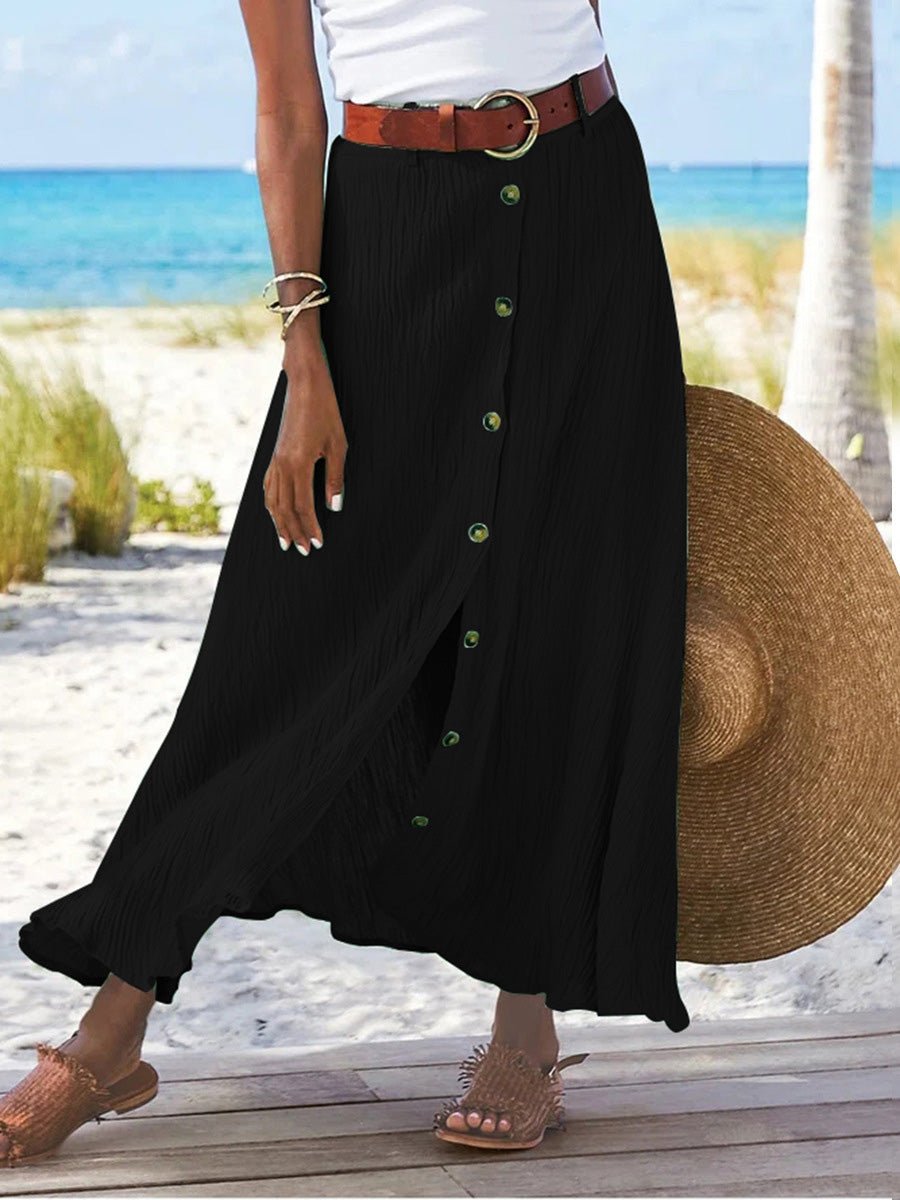 Ivyshape | Women's Skirts Cotton And Linen Button Slit A-Line Skirt