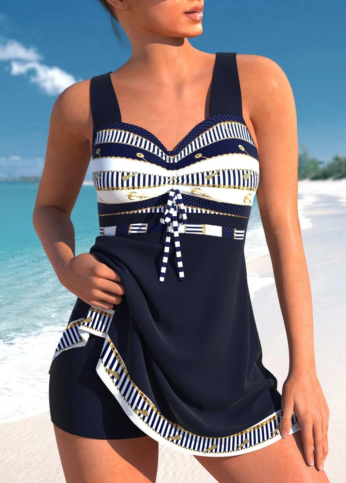 Ivyshape | Blue, Narrow, Light Patchwork Tankini