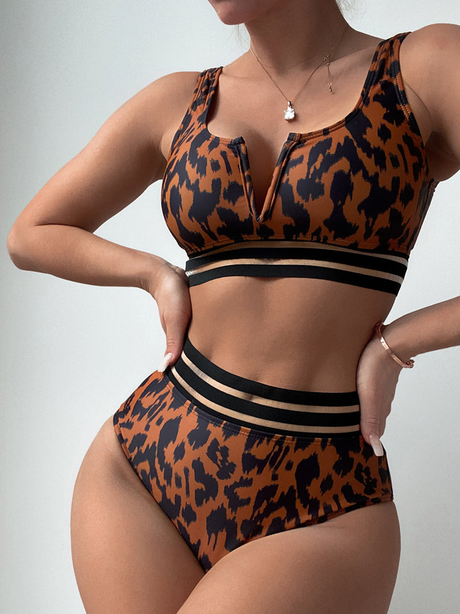 Leopard Mesh V Wired High Waist Padded Bathing Suit