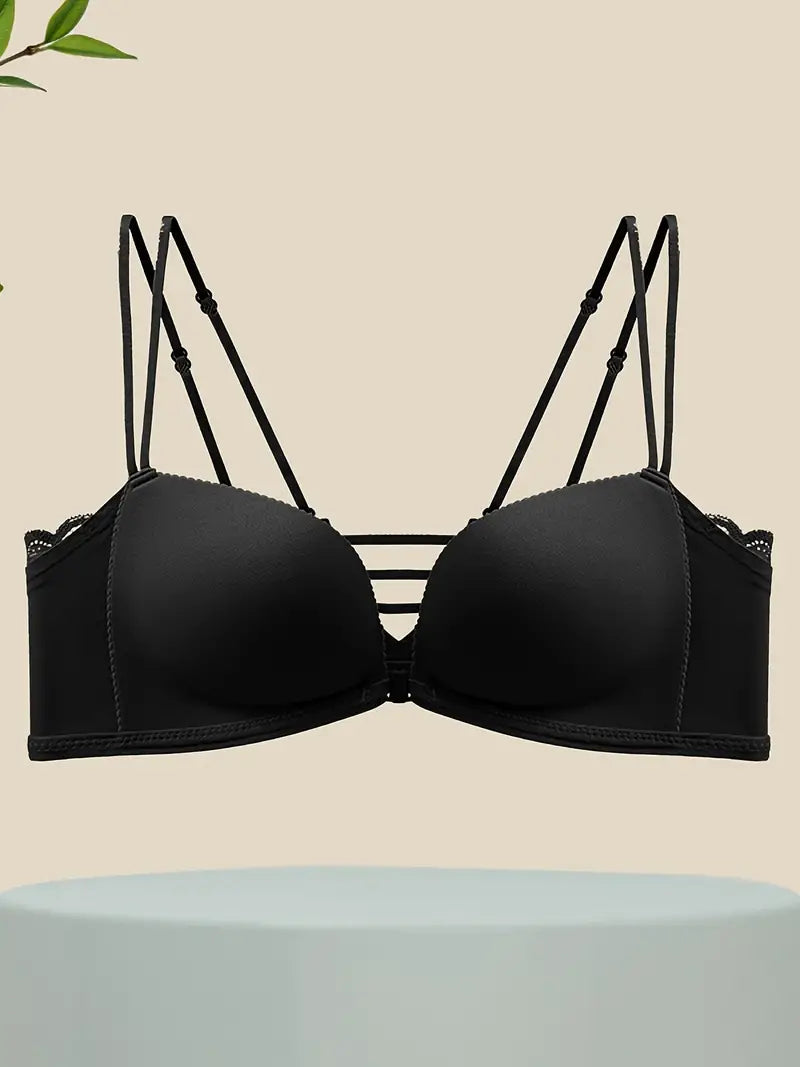 Front Buckle Double Thin Shoulder Straps Cut-Out Seamless Bra Black