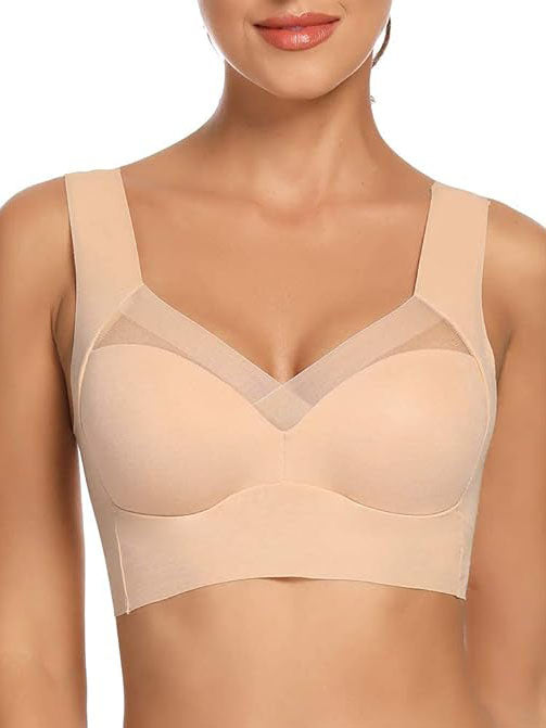 Women's Minimizer Mesh CrossOver Wireless Bra with Cooling, Seamless Smooth Comfort Wirefree Sport & T-Shirt Bra Minimizer Beige