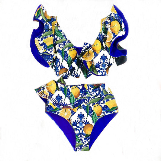 Delft Blue Ruffle Lemon Bikini Triangle Micro Low Waist String