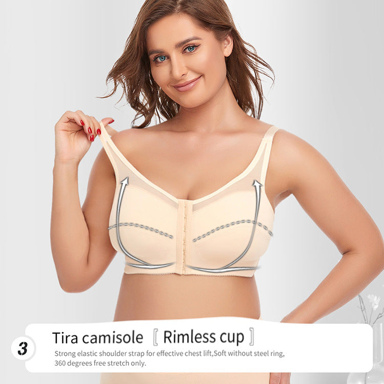 Wireless lace large cup front button thin bra