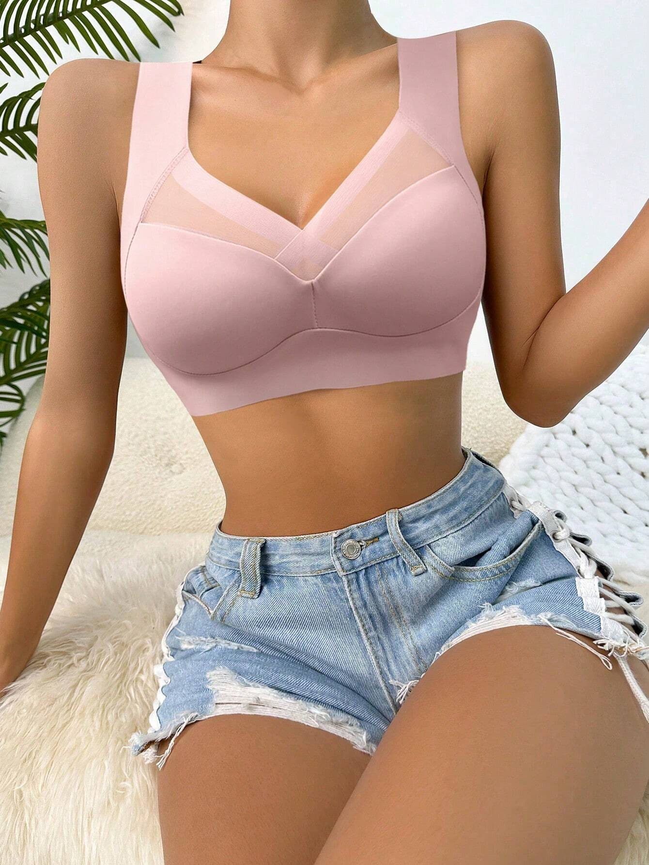 Women's Minimizer Mesh CrossOver Wireless Bra with Cooling, Seamless Smooth Comfort Wirefree Sport & T-Shirt Bra Minimizer Pink