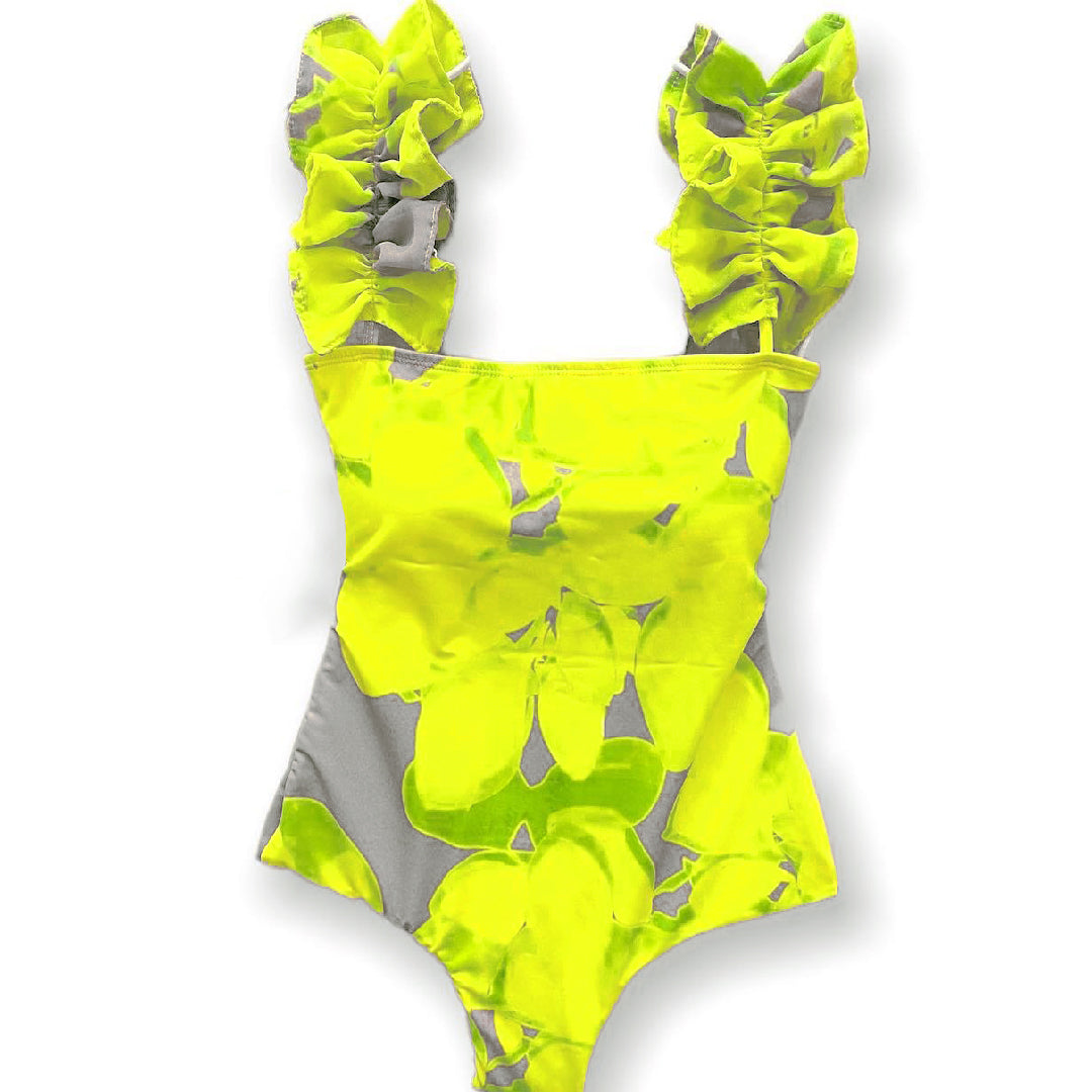 Sexy Bathing Suit Ruffle Strap Yellow Print Swimsuit