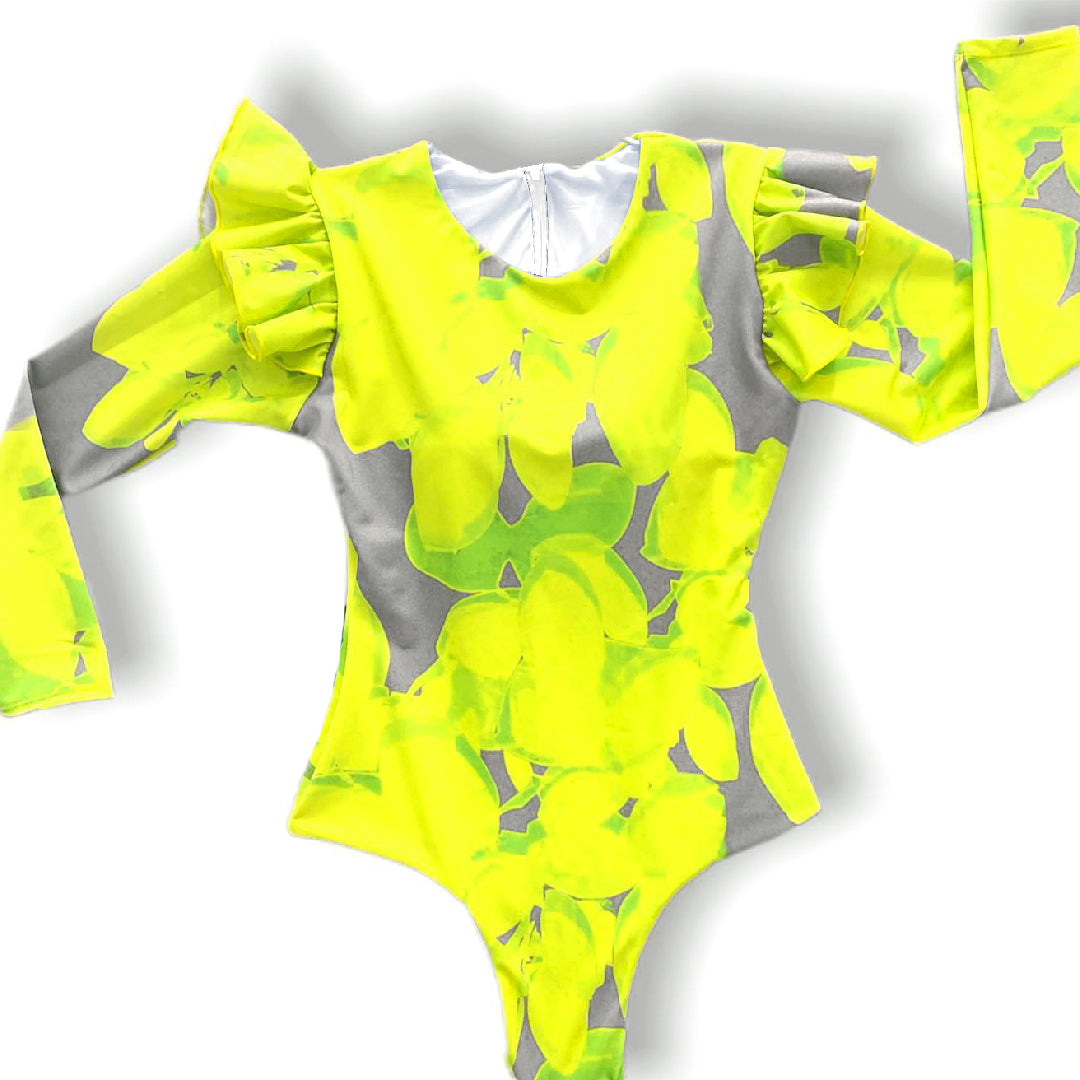 Sexy Bathing Suit Ruffle Strap Yellow Print Swimsuit