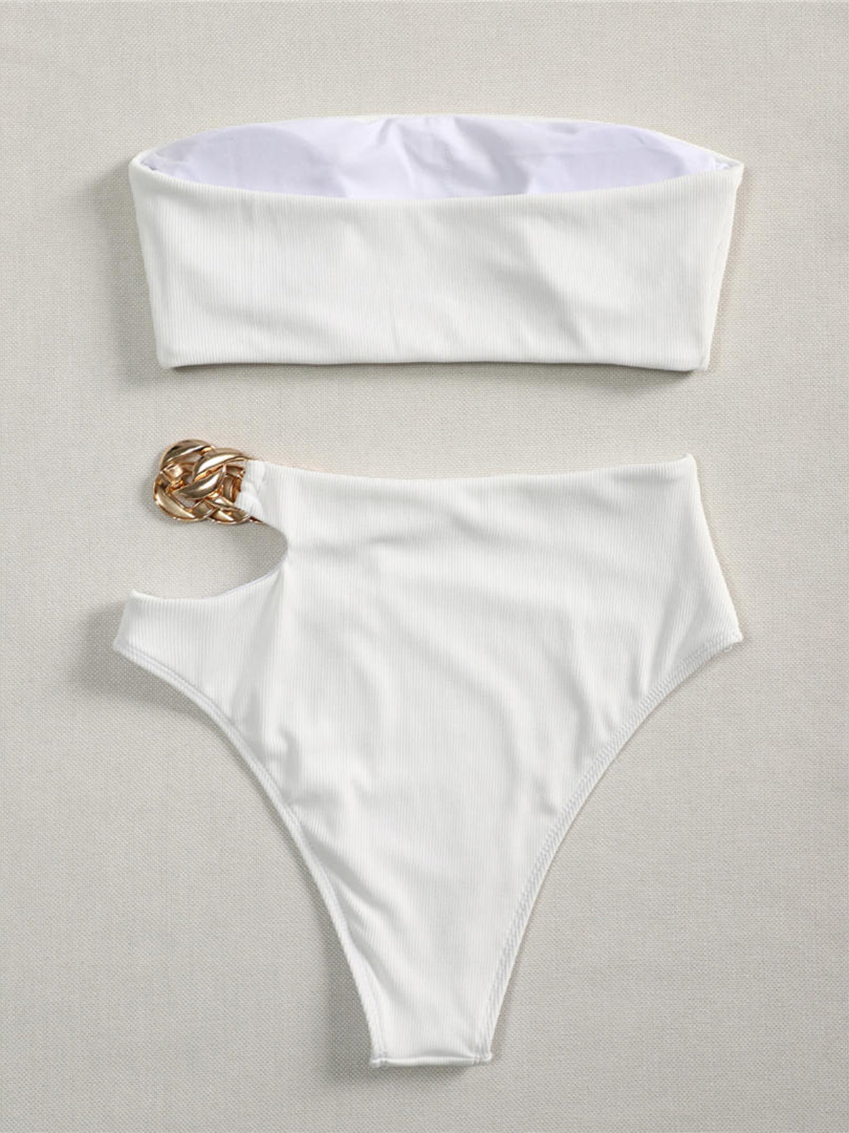 Sexy White Bandeau Ribbed High Waist Bikini