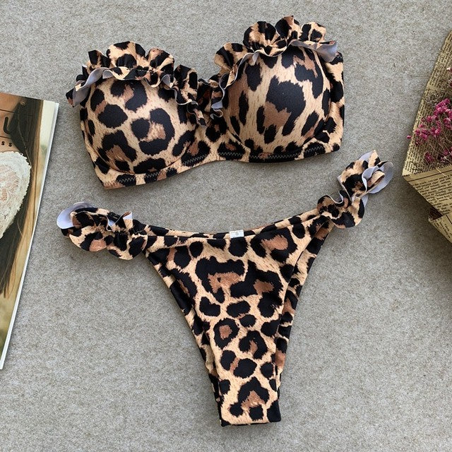 Strapless Push Up Bikini Two Pieces Sexy Leopard 