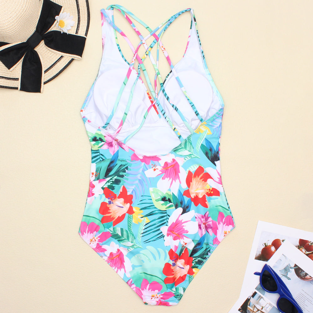 Printed One Piece Swimwear Sexy Backless Swimsuit V Neck