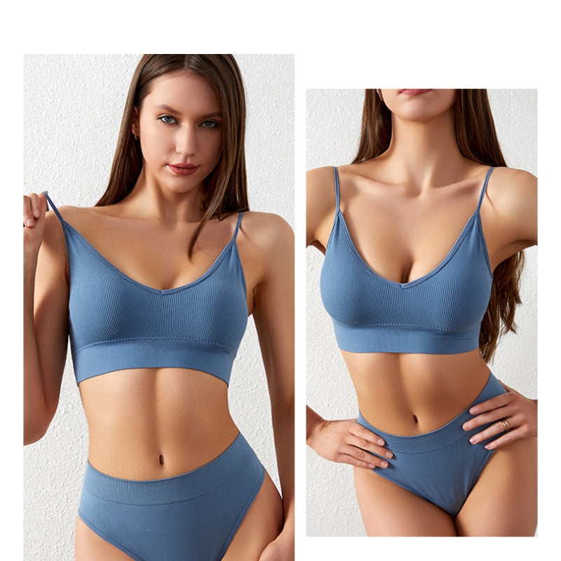 Smooth Comfortable French Triangle Cup Wireless Push-Up Bra & Underwear Set Blue